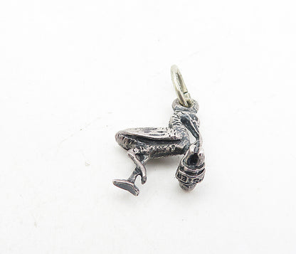 925 Sterling Silver  Vintage Petite Oxidized Stork & Baby Drop Pendant  PT6244