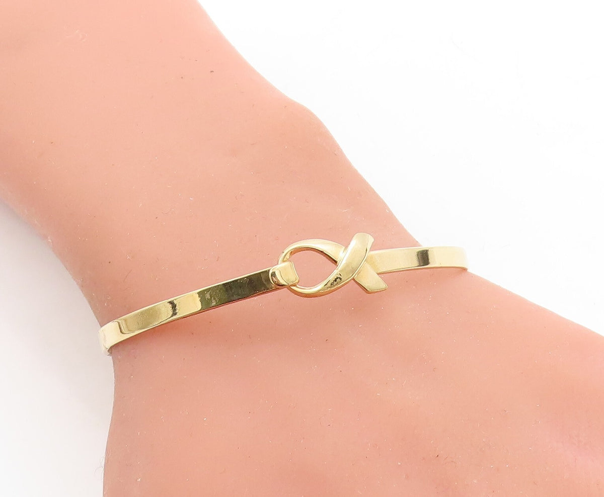 925 Sterling Silver  Shiny Gold Plated Ribbon Detail Bangle Bracelet  BT2071