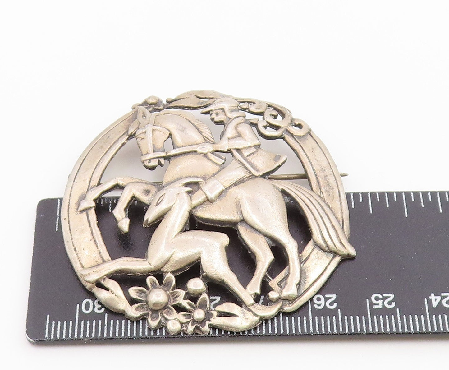 925 Sterling Silver Vintage Brooch Pin Equestrian Hunter & Deer Chase  BP12670