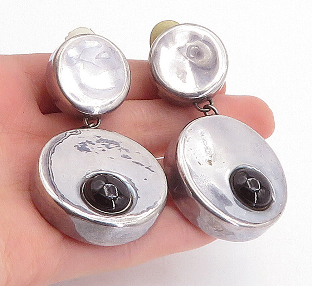 ISRAEL 925 Silver  Vintage Black Onyx Round Hollow Non Pierce Earrings  EG2325