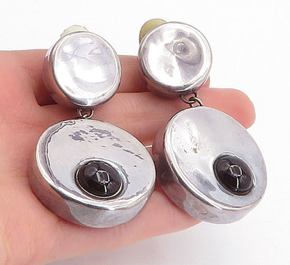 ISRAEL 925 Silver  Vintage Black Onyx Round Hollow Non Pierce Earrings  EG2325