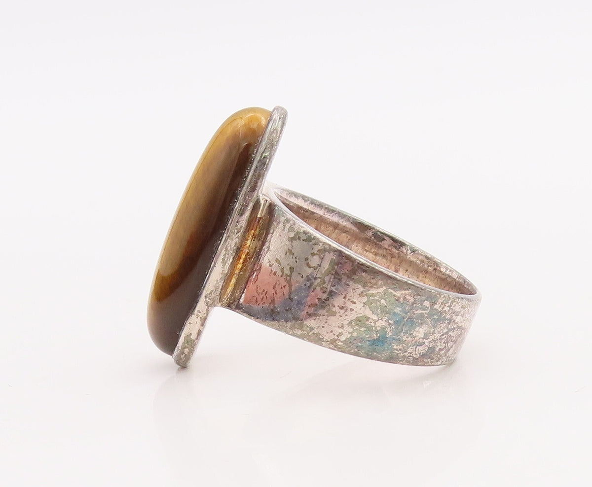 925 Sterling Silver Vintage Ring Large Cabochon Oval Tiger's Eye  Sz 9 RG28884
