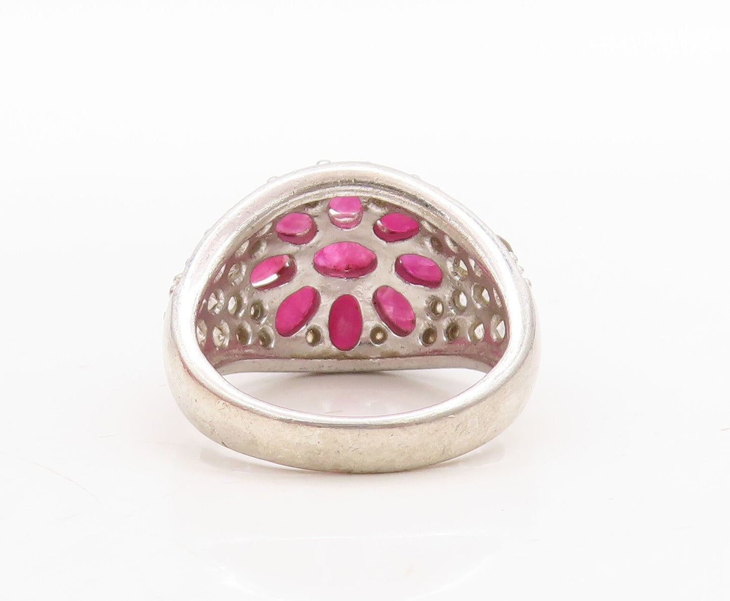 925 Sterling Silver Vintage Ring Designer Ruby & Topaz Flower  Sz 7  RG31663