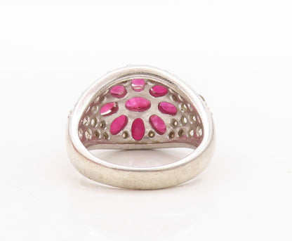 925 Sterling Silver Vintage Ring Designer Ruby & Topaz Flower  Sz 7  RG31663
