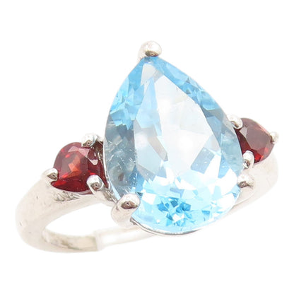 925 Sterling Silver Vintage Ring Pear Cut Blue Topaz & Garnet Band Sz 8 RG36189