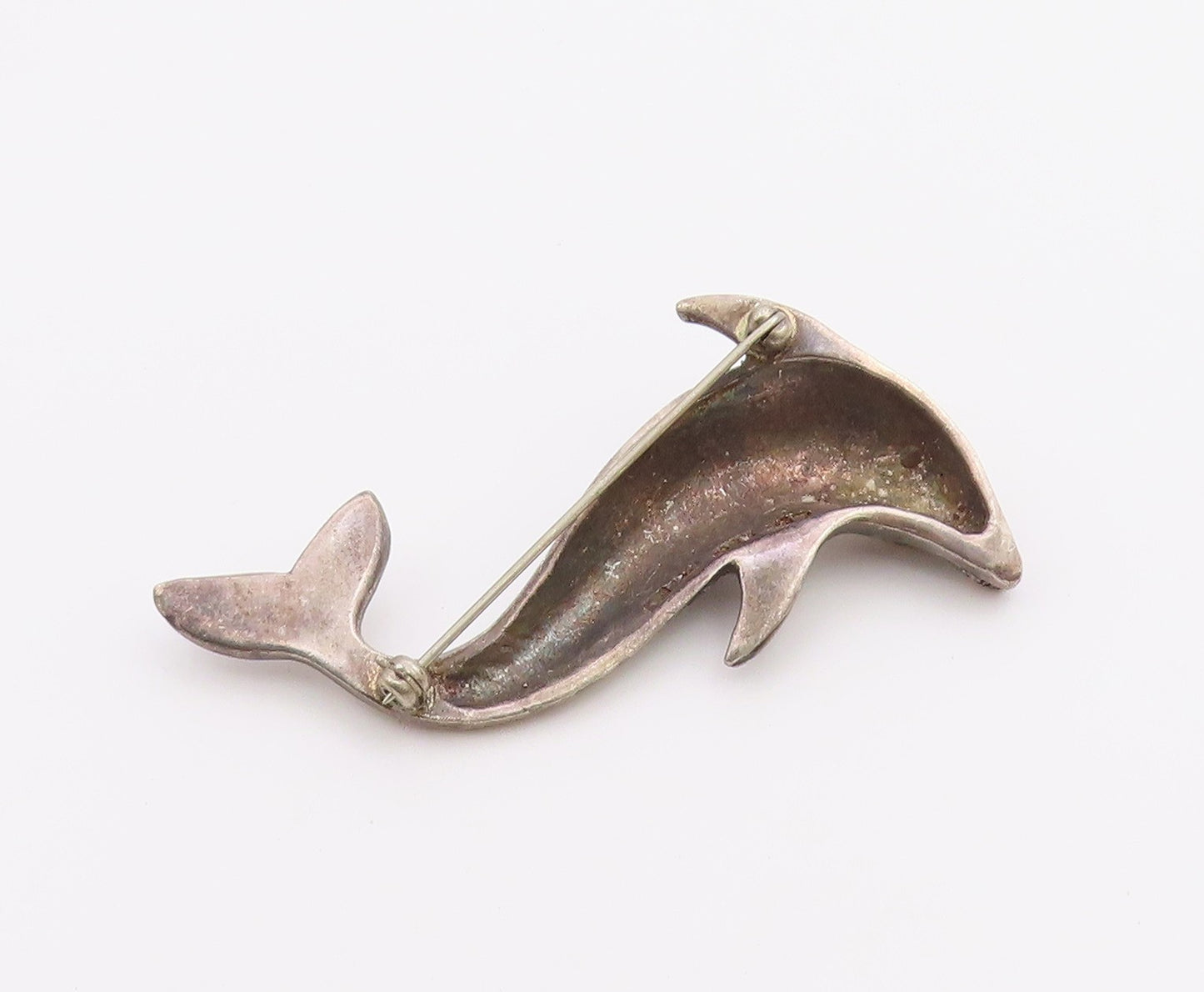 MEXICO 925 Sterling Silver  Vintage Dark Tone Dolphin Motif Brooch Pin  BP3281
