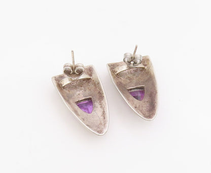 925 Sterling Silver Vintage Earrings Modernist Amethyst Shield Studs  EG13914