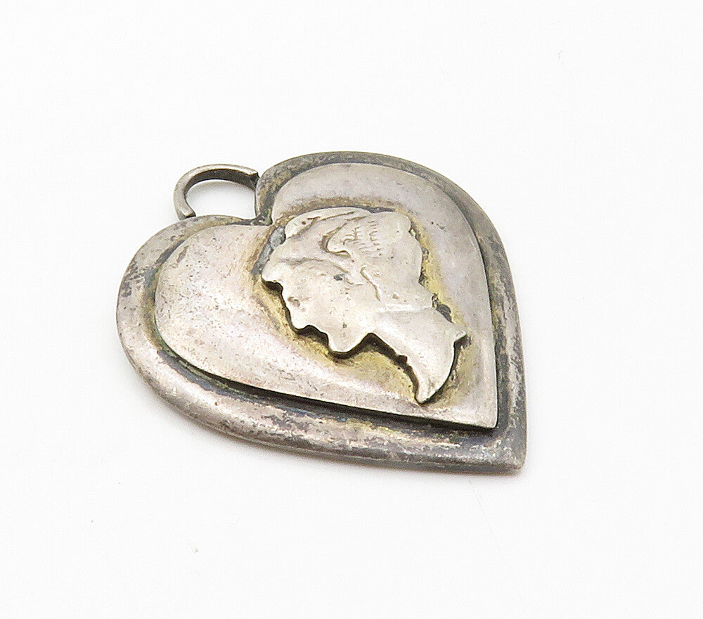 925 Sterling Silver  Vintage Face Profile Love Heart Dark Tone Pendant PT11916