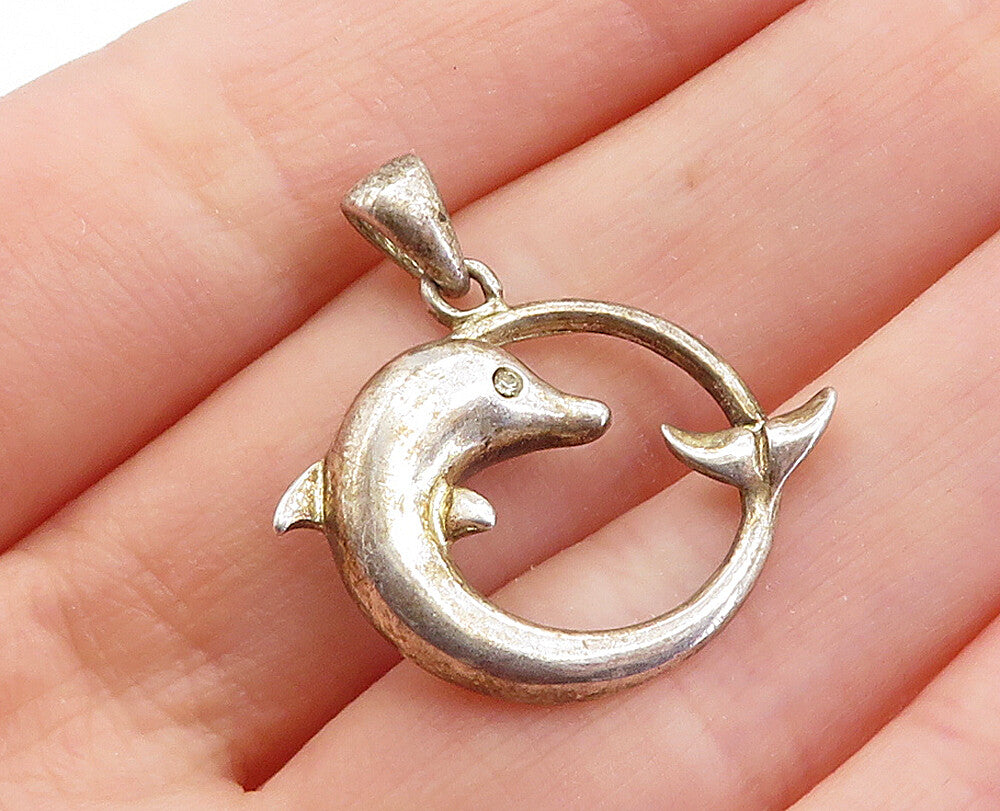 925 Sterling Silver  Vintage Topaz Accented Round Dolphin Drop Pendant  PT3238