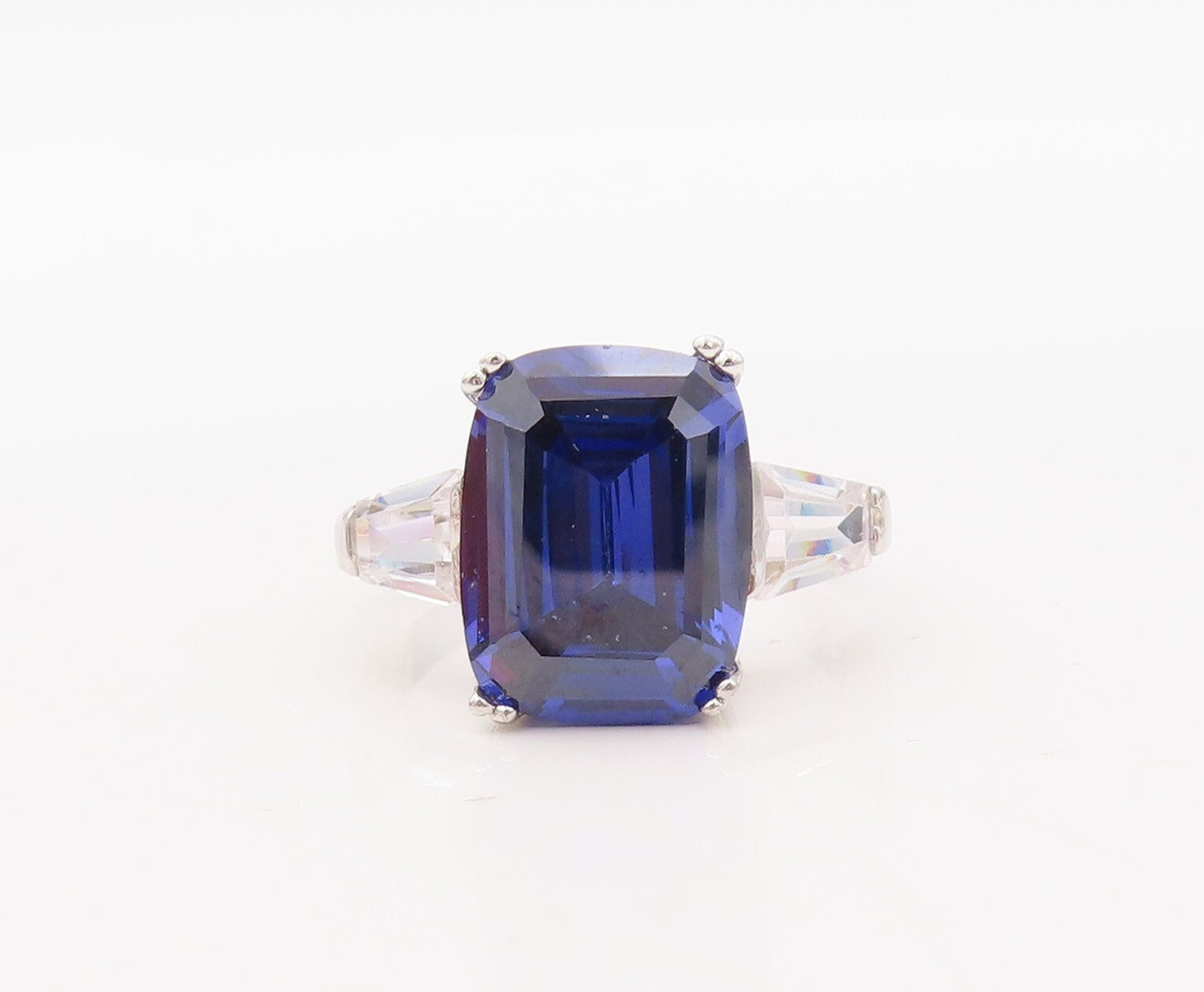 925 Sterling Silver Vintage Ring Rectangle Sapphire & CZ  Sz 7  RG30688