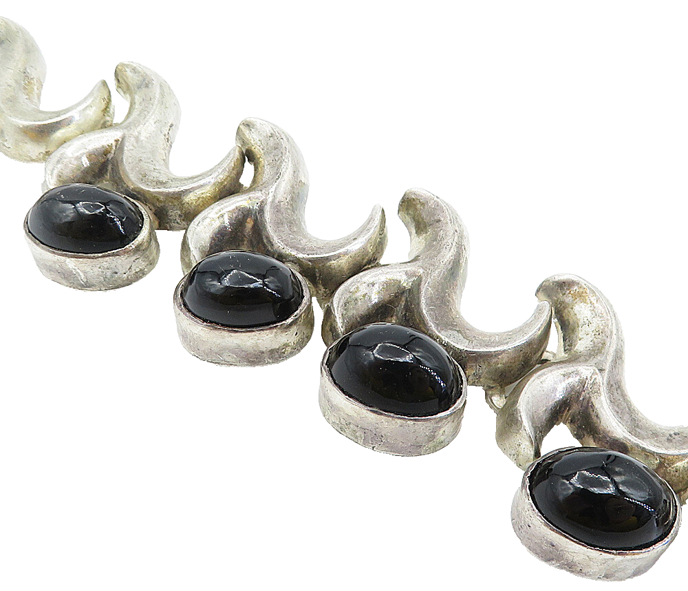 MEXICO 925 Sterling Silver Vintage Black Onyx Swirl Chain Bracelet  BT2816