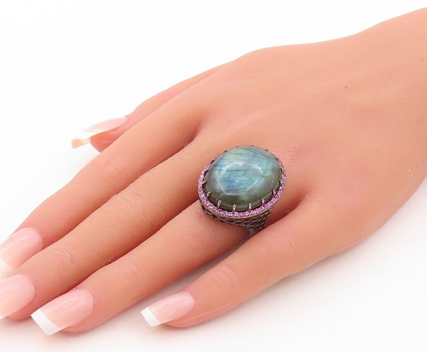 925 Sterling Silver Vintage Ring Oval Alexandrite Halo Pink Topaz  Sz 7  RG30183