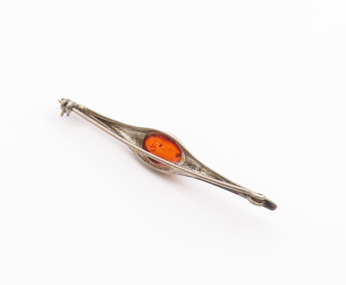 925 Sterling Silver  Vintage Pointed Ends Cabochon Amber Brooch Pin  BP9589