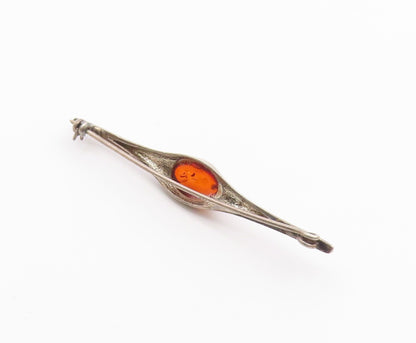 925 Sterling Silver  Vintage Pointed Ends Cabochon Amber Brooch Pin  BP9589
