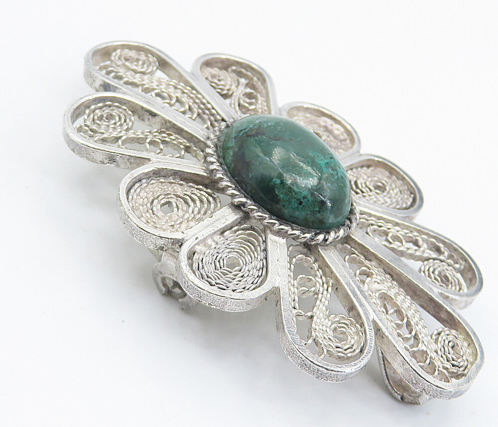 925 Sterling Silver  Vintage Eilat Stone Filigree Flower Brooch Pin  BP2872