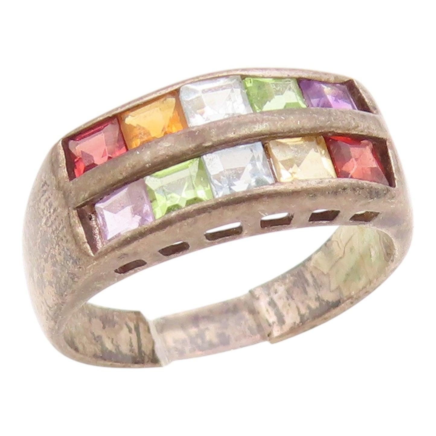 925 Sterling Silver Vintage Ring Multi Gemstone Geometric Band  Sz 8  RG35347