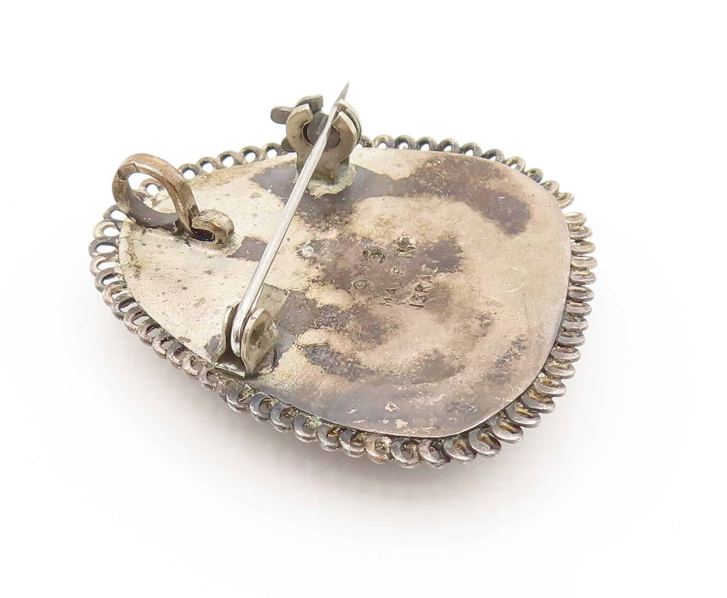 ISRAEL 925 Silver  Vintage Chained Border Chrysocolla Brooch Pin  BP10133