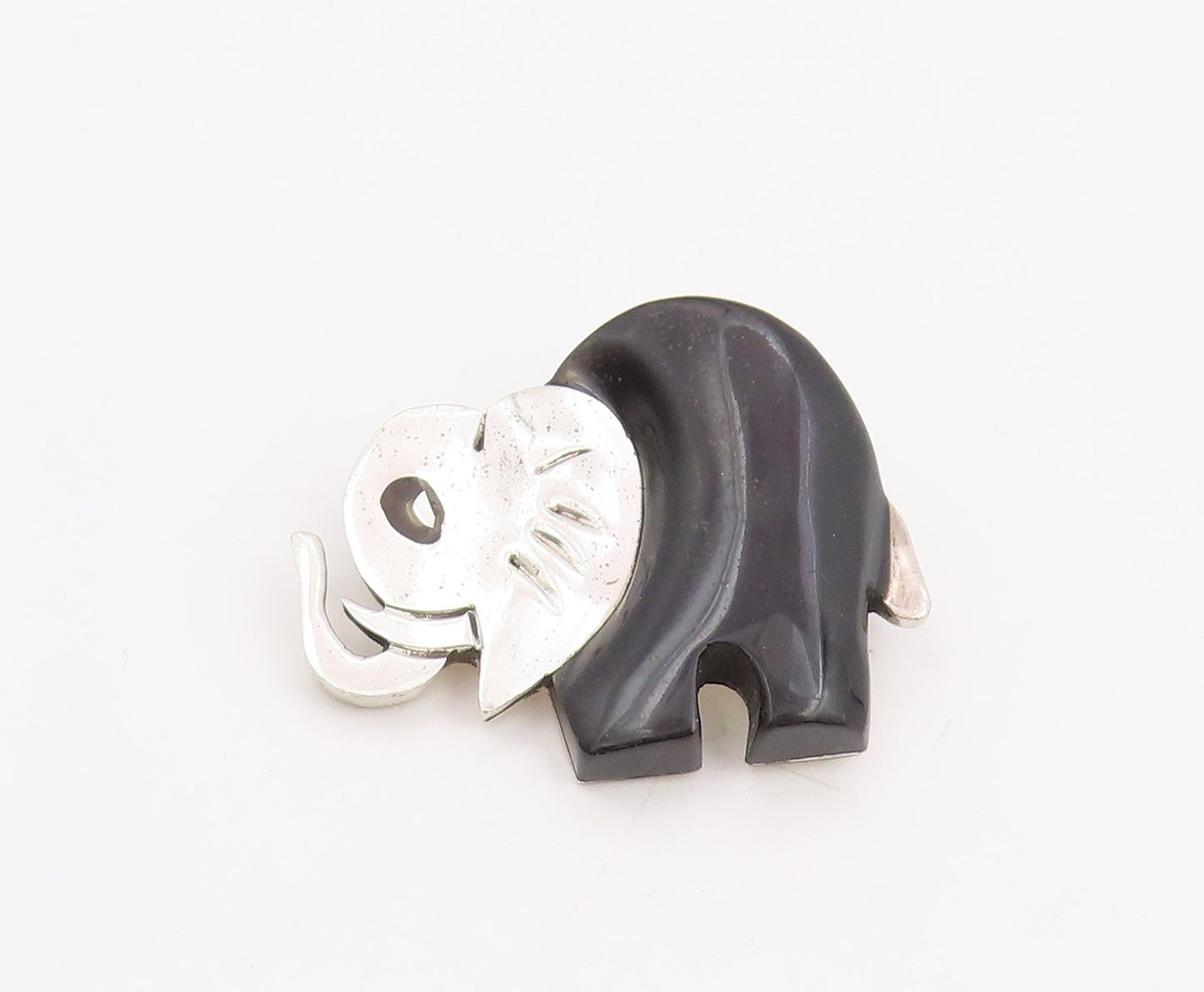 925 Sterling Silver Vintage Brooch Pin MEXICO Onyx Modernist Elephant  BP12288