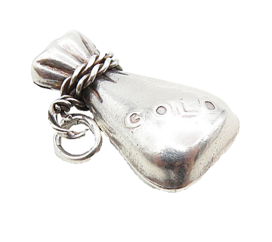 925 Sterling Silver  Vintage Petite Shiny Bag Of Gold Motif Pendant  PT6812