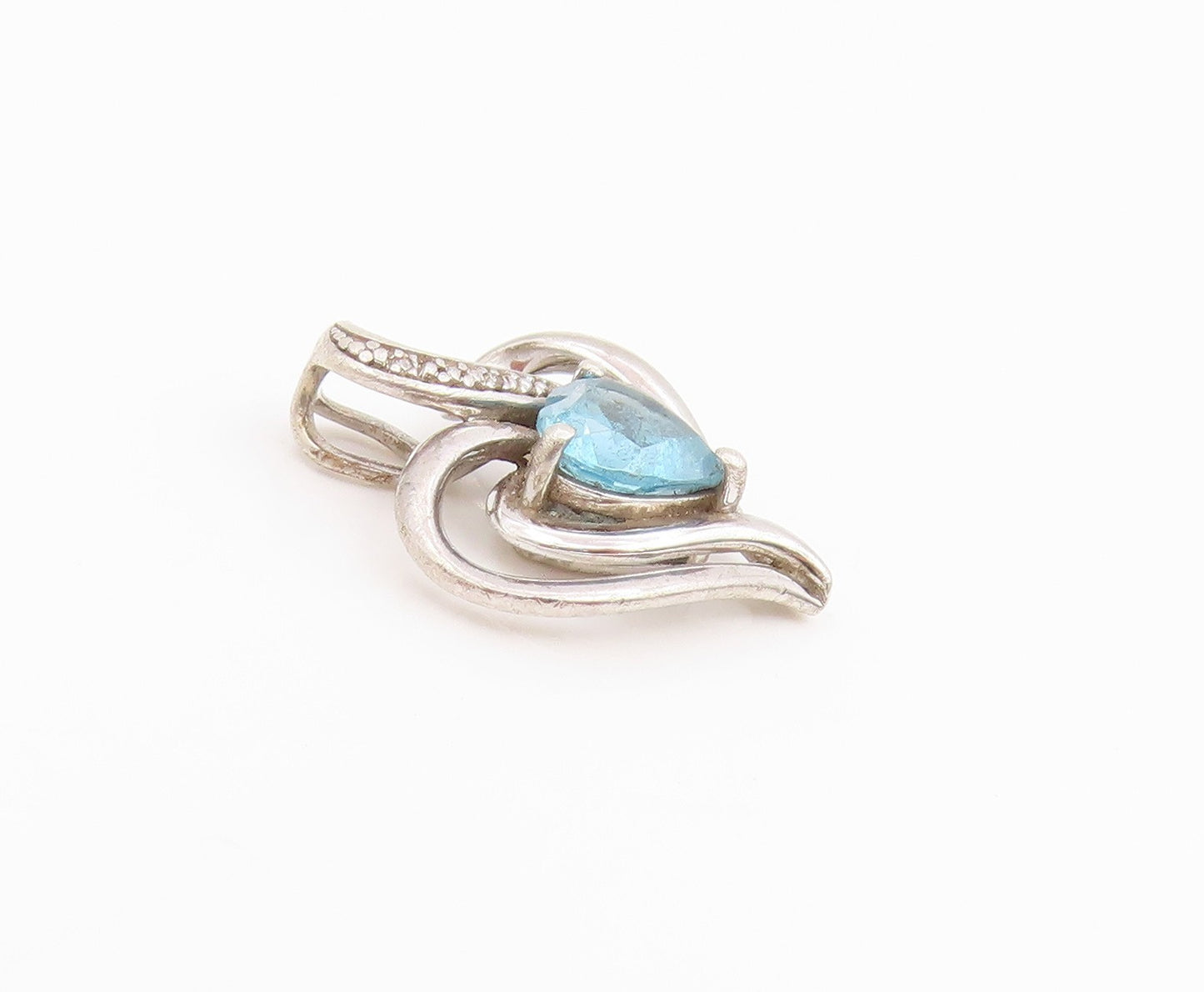 925 Sterling Silver Vintage Pendant Real Diamonds & Topaz Love Heart  PT25976