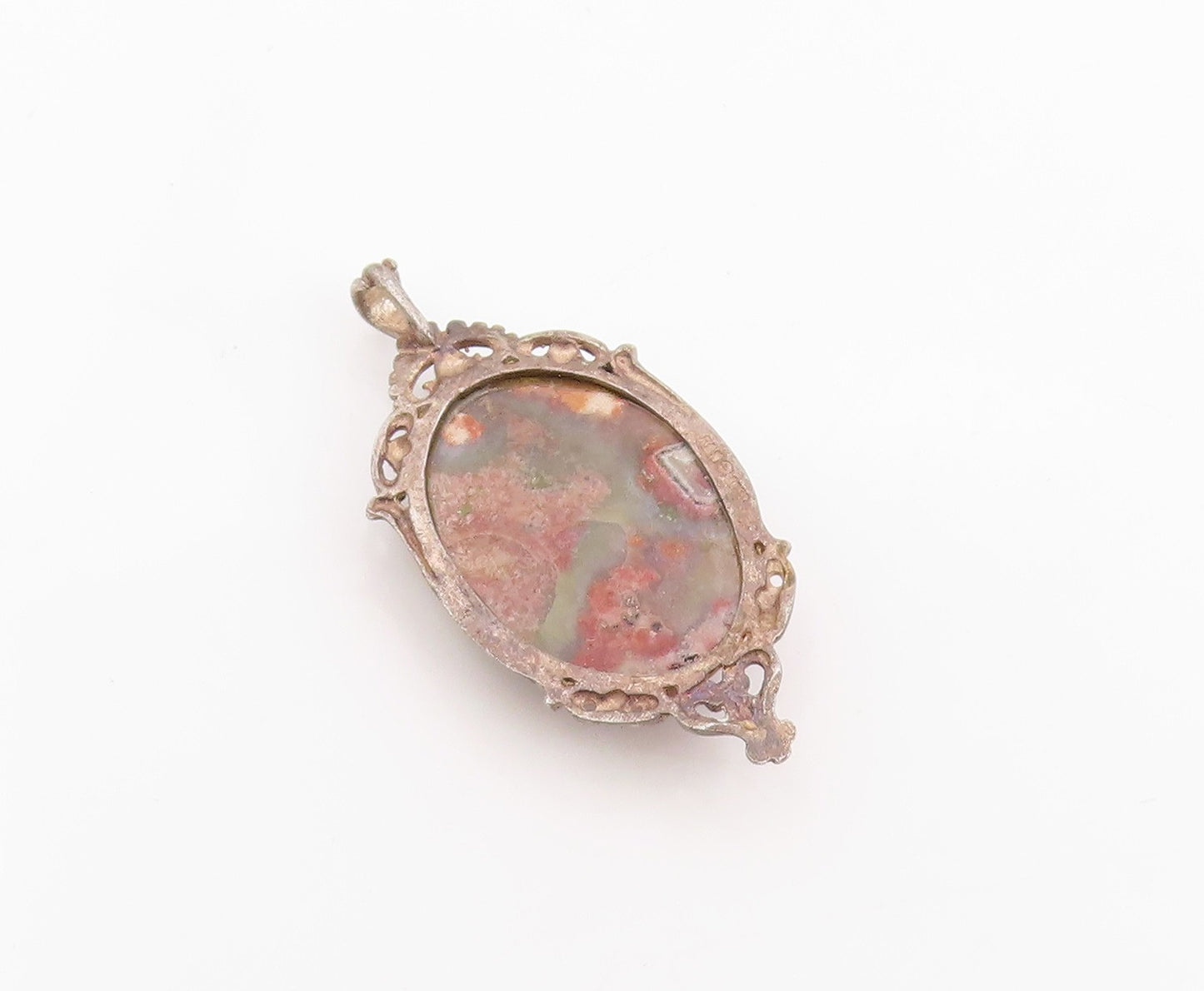 925 Sterling Silver Vintage Pendant Antique Oval Cabochon Jasper Charm  PT26248
