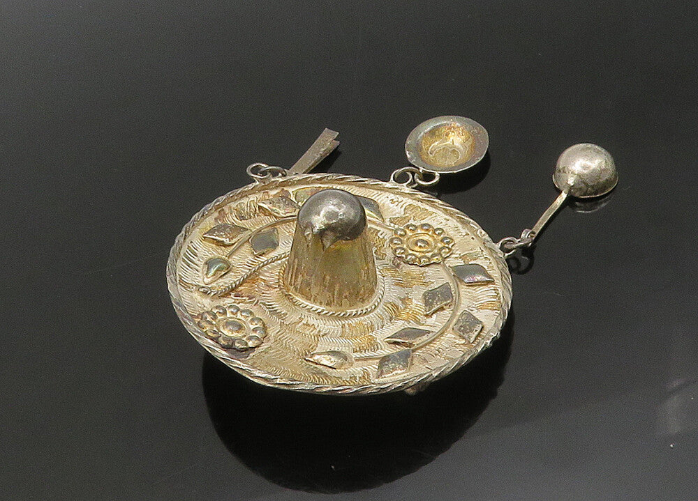 MEXICO 925 Sterling Silver  Vintage Floral Sombrero Hat Brooch Pin  BP8694