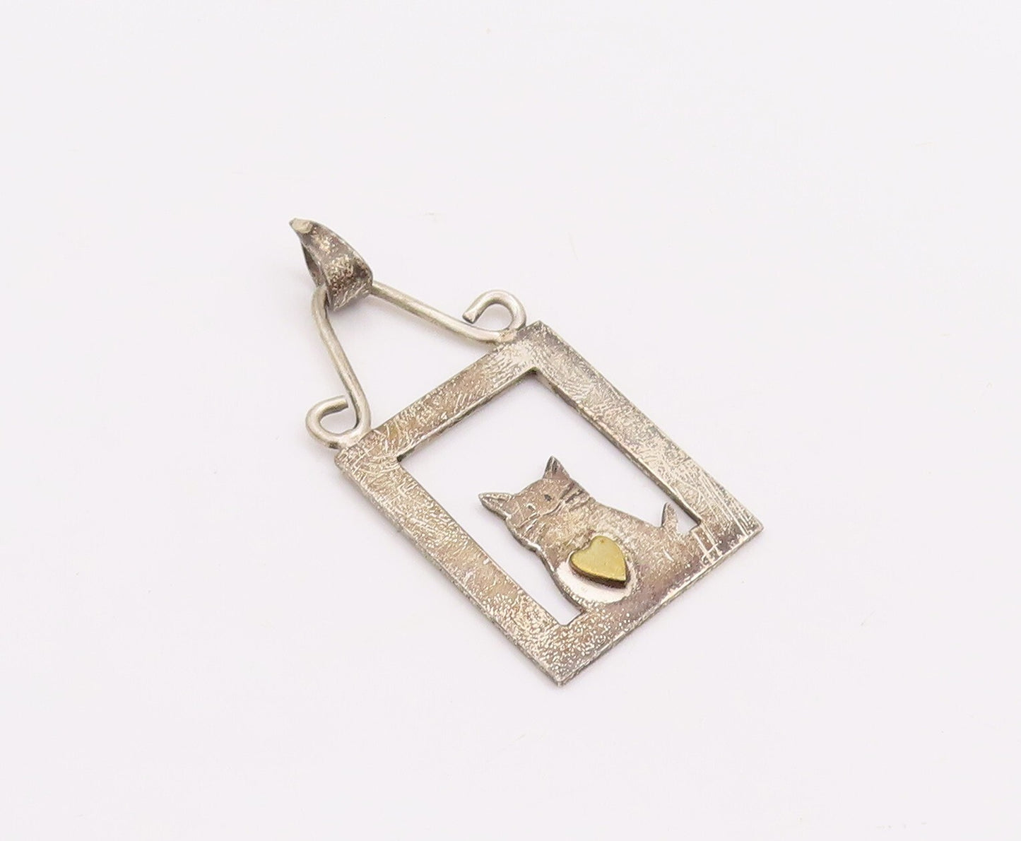 925 Sterling Silver Vintage Pendant MEXICO Framed Cat With Heart  PT23356