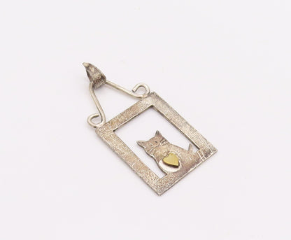 925 Sterling Silver Vintage Pendant MEXICO Framed Cat With Heart  PT23356
