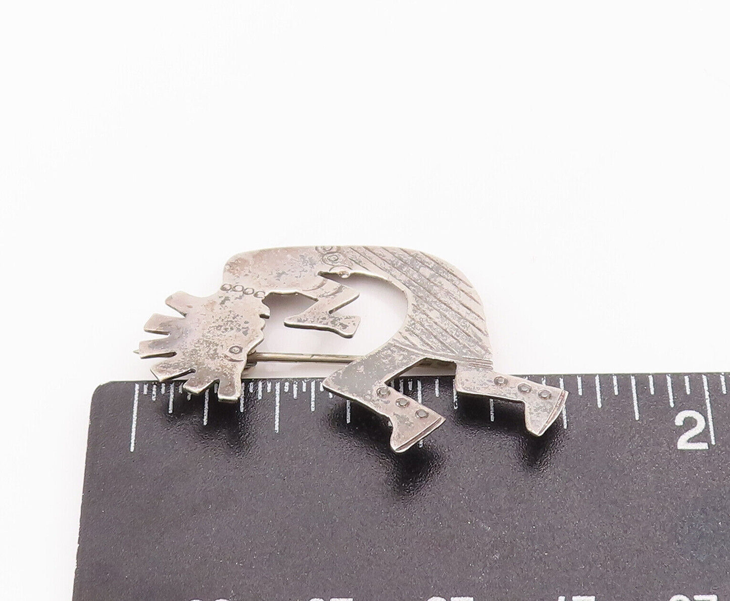 925 Sterling Silver Vintage Brooch Pin NAVAJO Cutout Etched Trible Man  BP10800