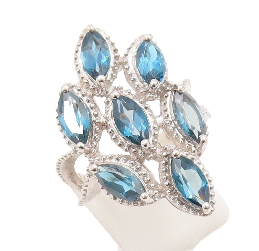 925 Sterling Silver Vintage Ring Marquise Cut Blue London Topaz  Sz 7.5 RG29620