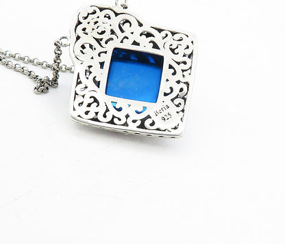 BERIA 925 Silver  Vintage Blue Druzy Stone Floral Swirl Chain Necklace  NE1324