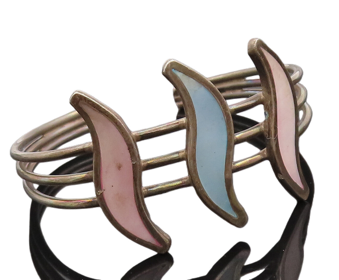 925 Sterling Silver Vintage Bracelet Modernist split Band Swirly Enamel  BT10308