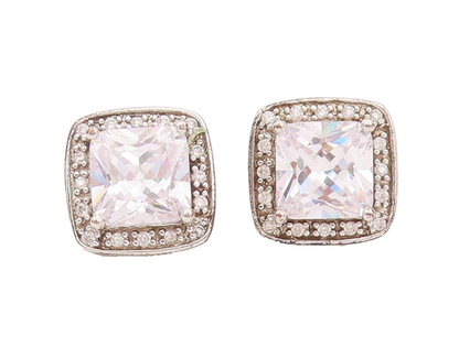 925 Sterling Silver Vintage Earrings Square Cut Halo CZ Band Studs  EG12902