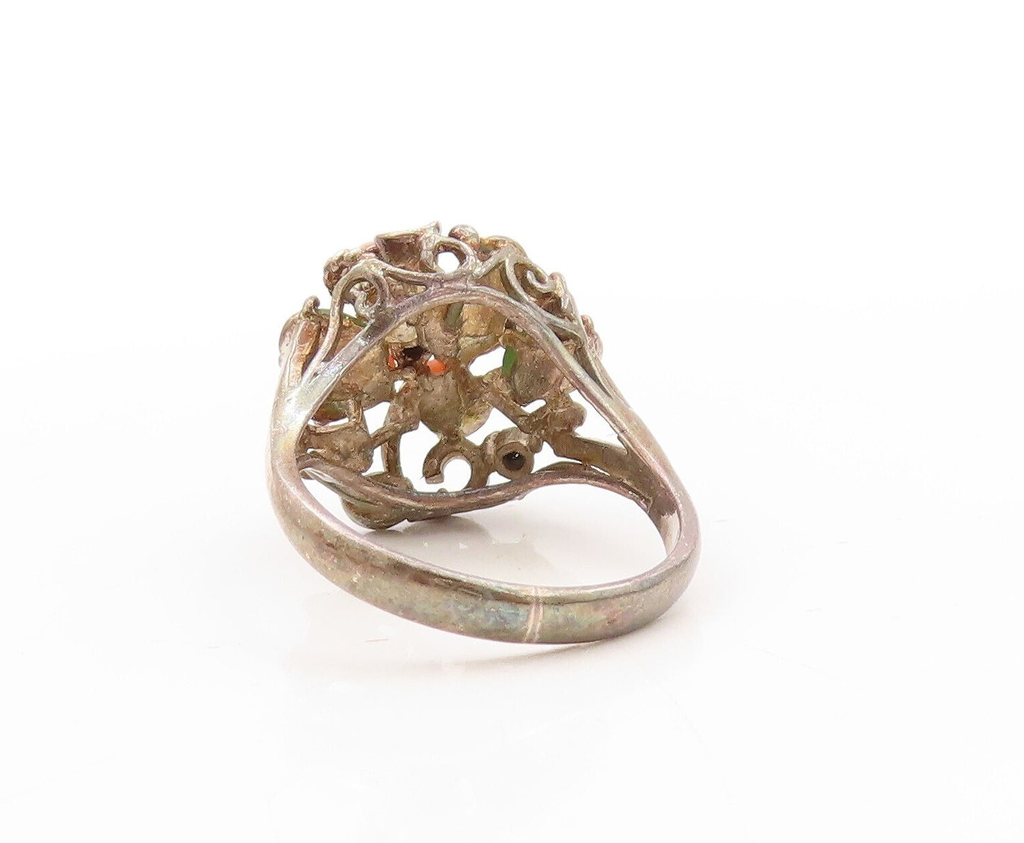 925 Sterling Silver Vintage Ring Dark Tone Floral Gemstones Inlay  Sz 7 RG31125