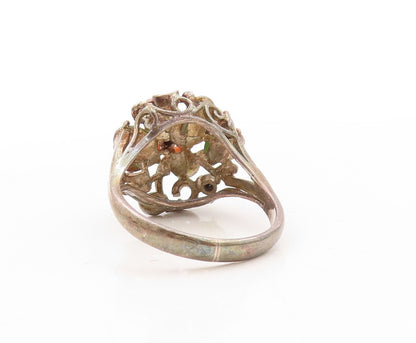 925 Sterling Silver Vintage Ring Dark Tone Floral Gemstones Inlay  Sz 7 RG31125