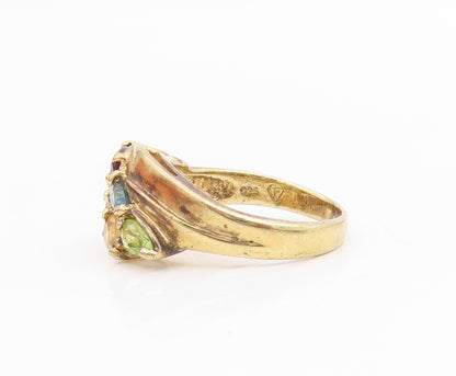 925 Sterling Silver Vintage Ring Gold Plated Gemstones Crossover  Sz 7  RG34381