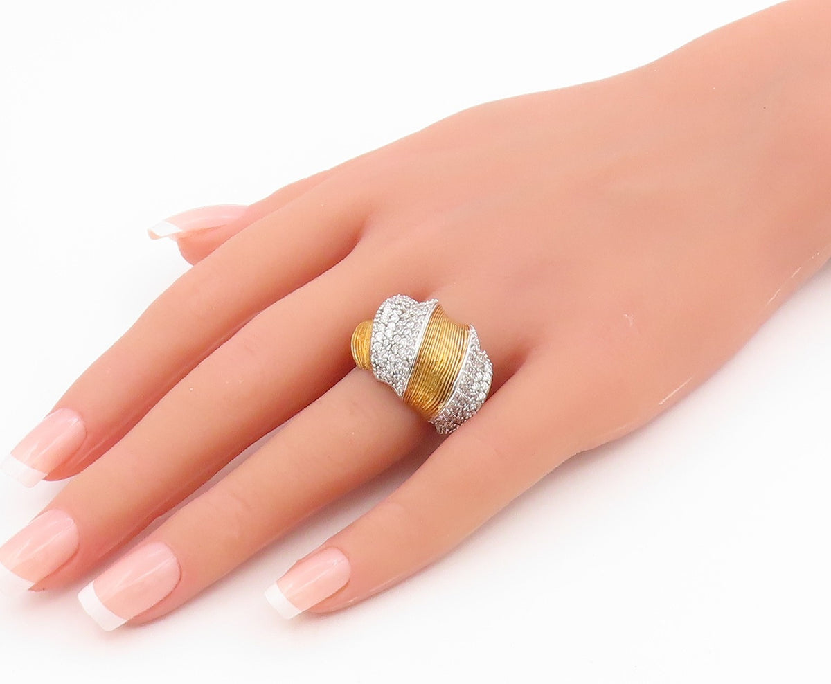 925 Sterling Silver Vintage Ring Two Tone CZ Ribbed Dome Band  Sz 7.5  RG35621