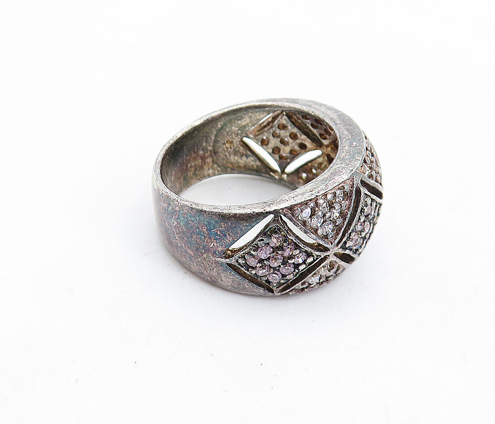 925 Sterling Silver  Vintage Pink & White Topaz Oxidized Band Ring Sz 7 RG5775