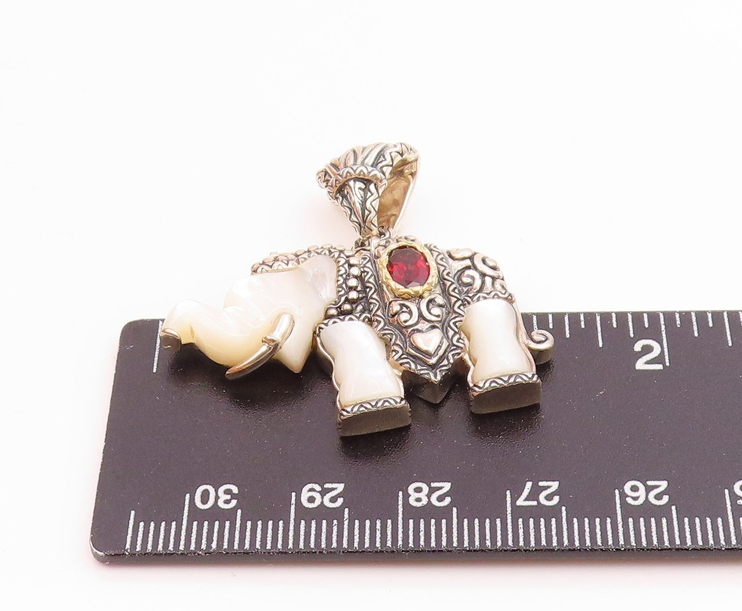 BIXBY 925 Silver & 18K GOLD Vintage Mother Of Pearl & Garnet Pendant  PT13187