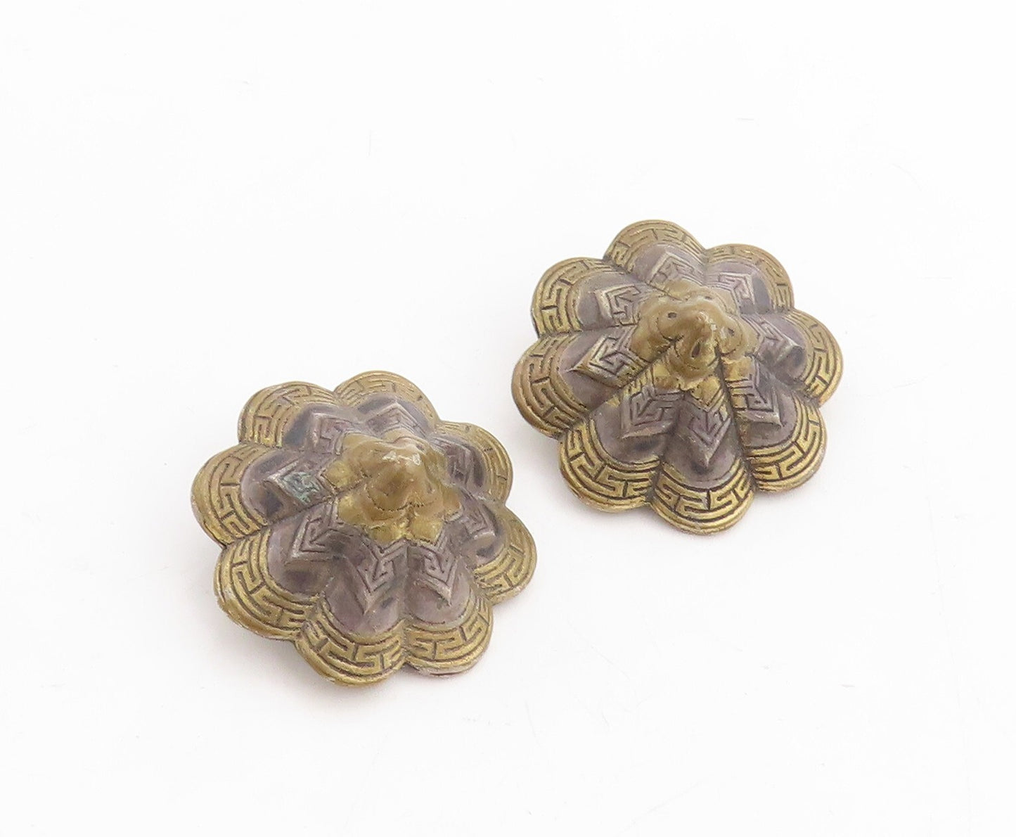 925 Sterling Silver Vintage Earrings Dark Tone floral Carved Dome  EG13300
