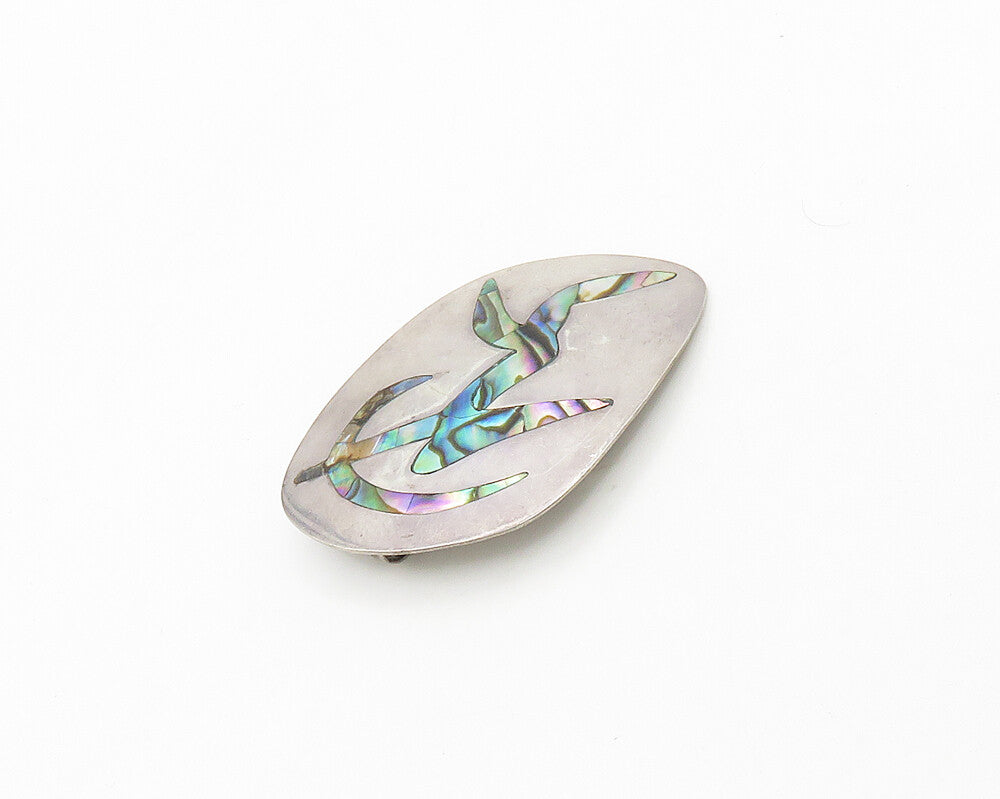 MEXICO 925 Silver  Vintage Inlaid Abalone Shell Warrior Brooch Pin  BP7763