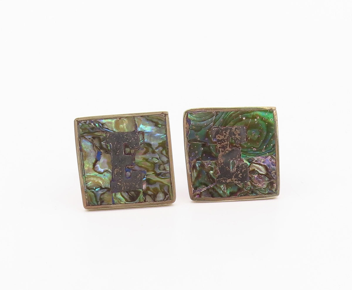 MEXICO 925 Silver  Vintage Inlaid Abalone Initial E Square Cufflinks  TR3370