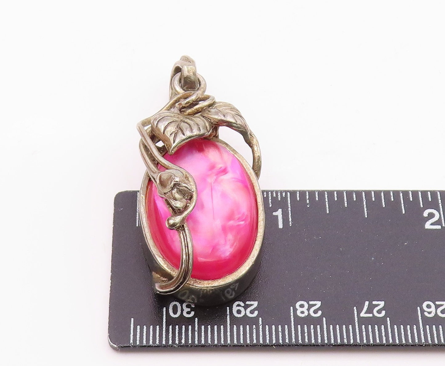 925 Sterling Silver  Vintage Floral Vine Wrapped Pink Stone Pendant  PT7836