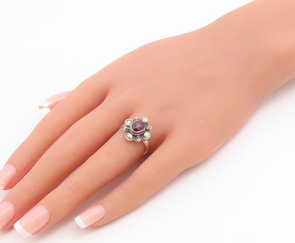 925 Sterling Silver Vintage Ring Cabochon Garnet Bohemian Flower  Sz 7  RG36670