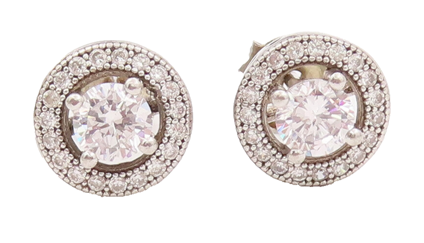 925 Sterling Silver Vintage Earrings Round Maine Stone Halo CZ Band Stud EG12899