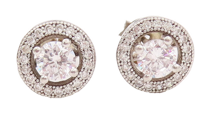 925 Sterling Silver Vintage Earrings Round Maine Stone Halo CZ Band Stud EG12899