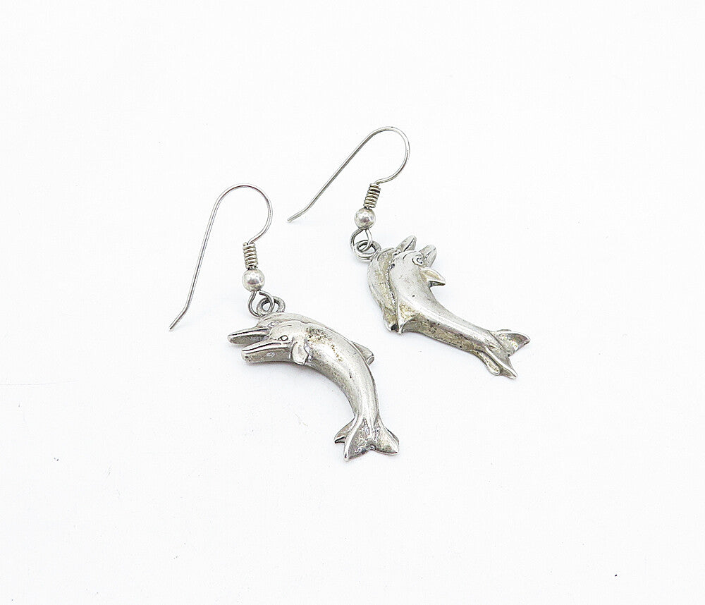 925 Sterling Silver  Vintage Dark Tone Leaping Dolphin Dangle Earrings  EG2826