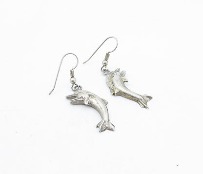 925 Sterling Silver  Vintage Dark Tone Leaping Dolphin Dangle Earrings  EG2826