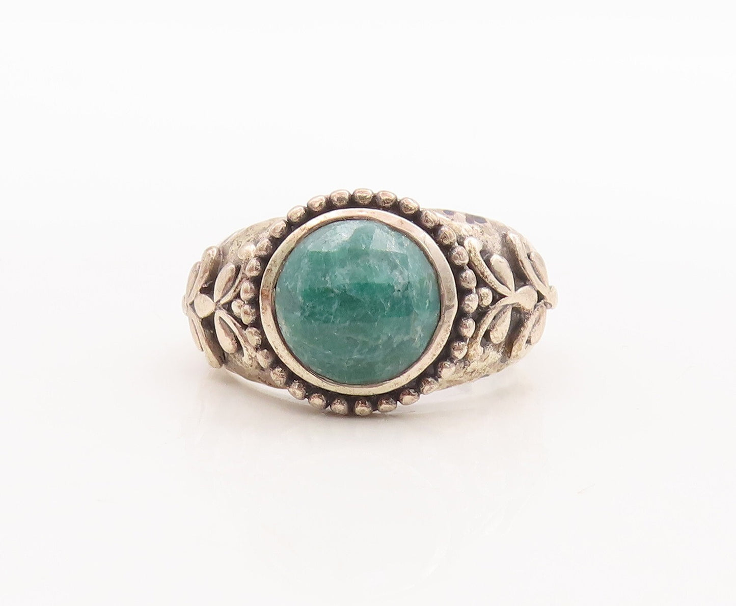 925 Sterling Silver Vintage Ring Round Green Gemstone Swirly Sz 10 RG29719