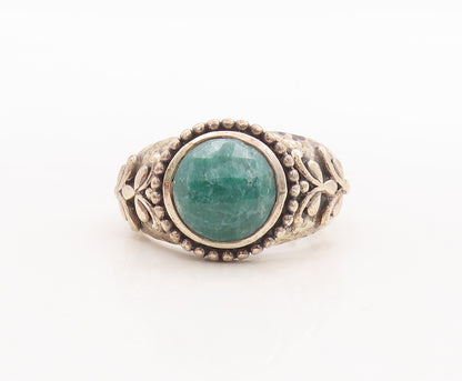 925 Sterling Silver Vintage Ring Round Green Gemstone Swirly Sz 10 RG29719